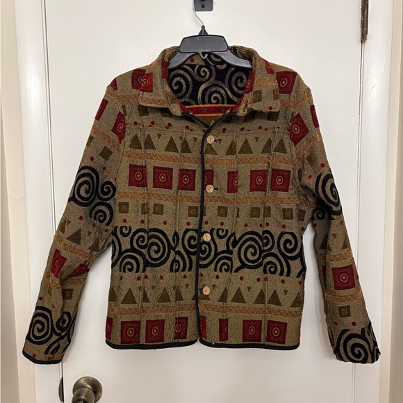 Tally-Ho reversible art tapestry jacket geometric wooden buttons VTG women’s XL - Picture 7 of 9